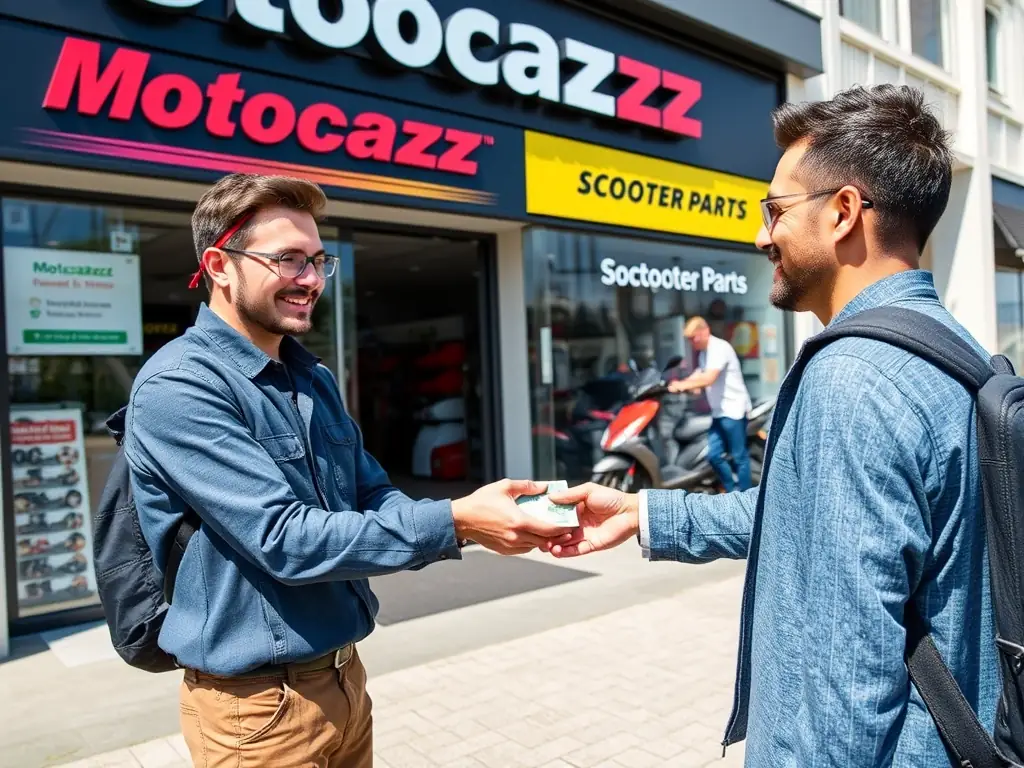 A photograph of a Motocazzz employee handing cash to a satisfied customer in front of the store, symbolizing the final purchase.