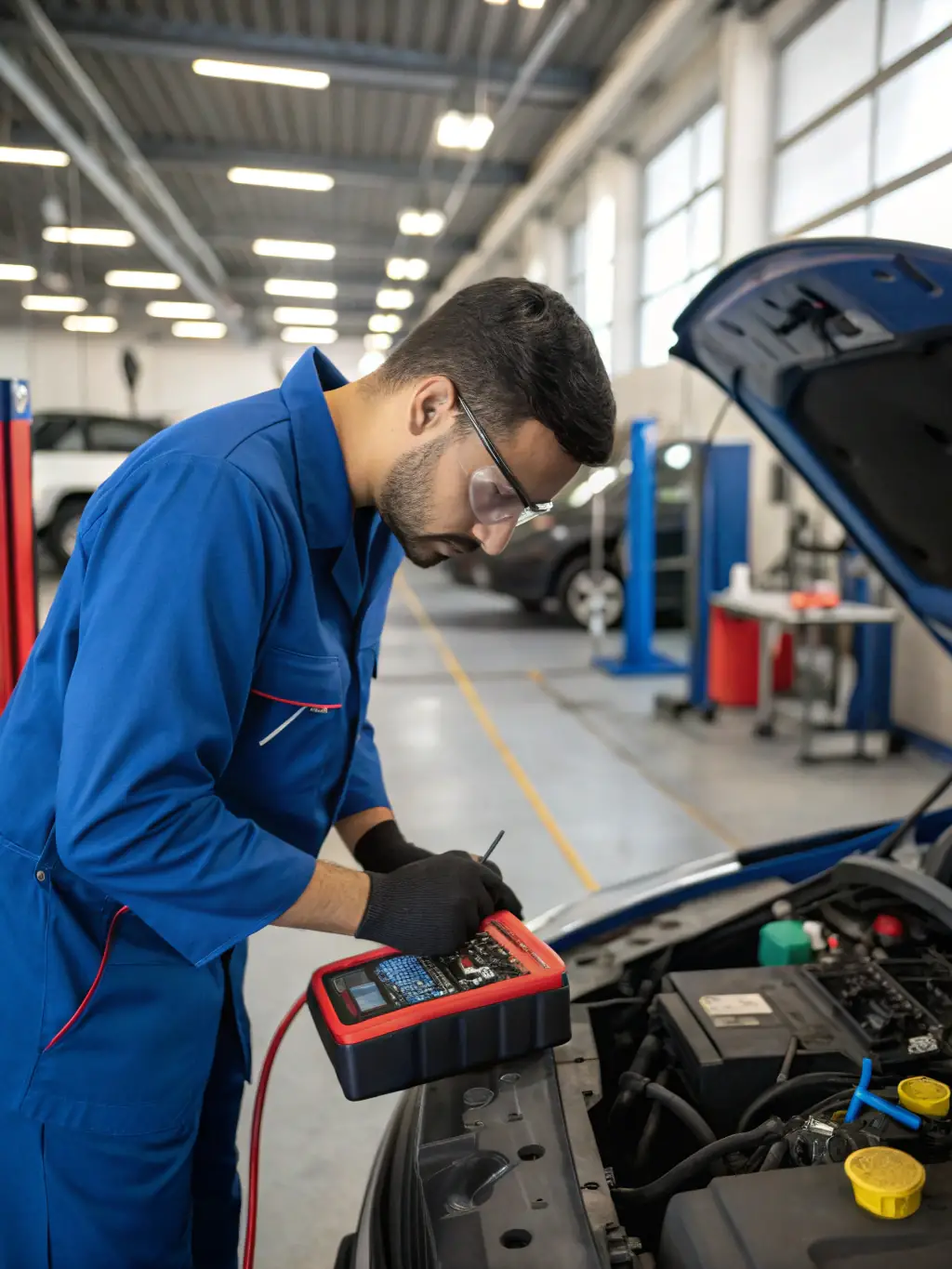 A technician using diagnostic equipment to troubleshoot electrical issues on a scooter, with wiring diagrams and testing tools visible, showcasing electrical repair services.
