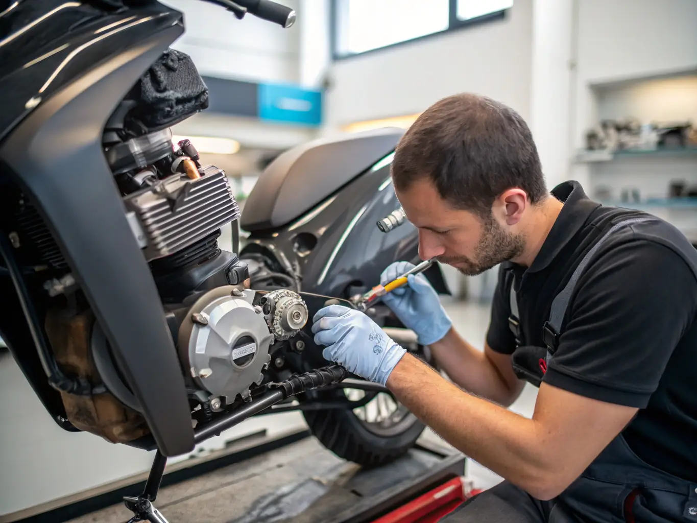A close-up shot of a mechanic inspecting a used scooter engine part in a well-lit workshop, highlighting the detailed assessment process.