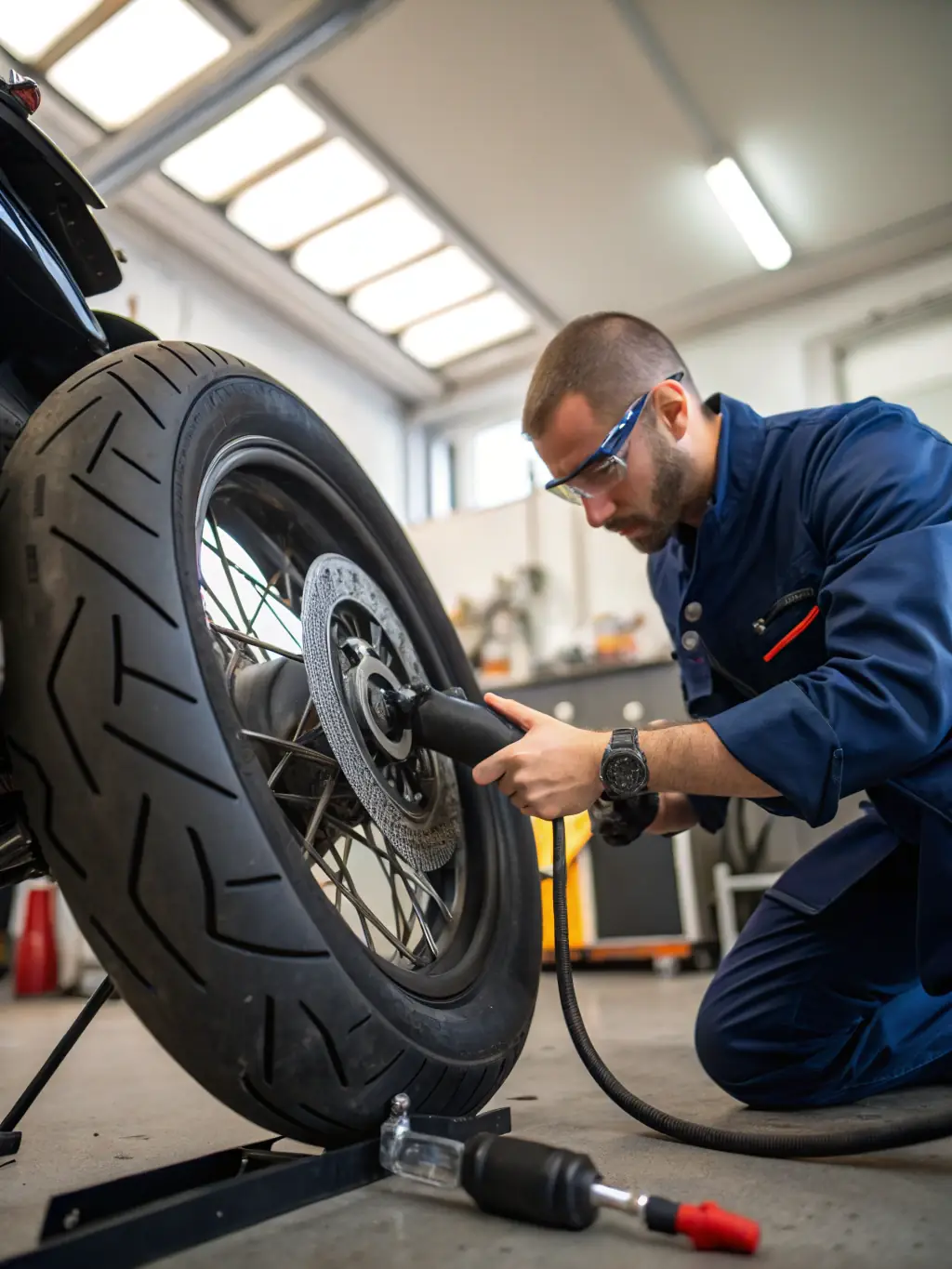 A mechanic fitting a new tire onto a scooter wheel, with a tire balancing machine in the background, emphasizing tire replacement services.