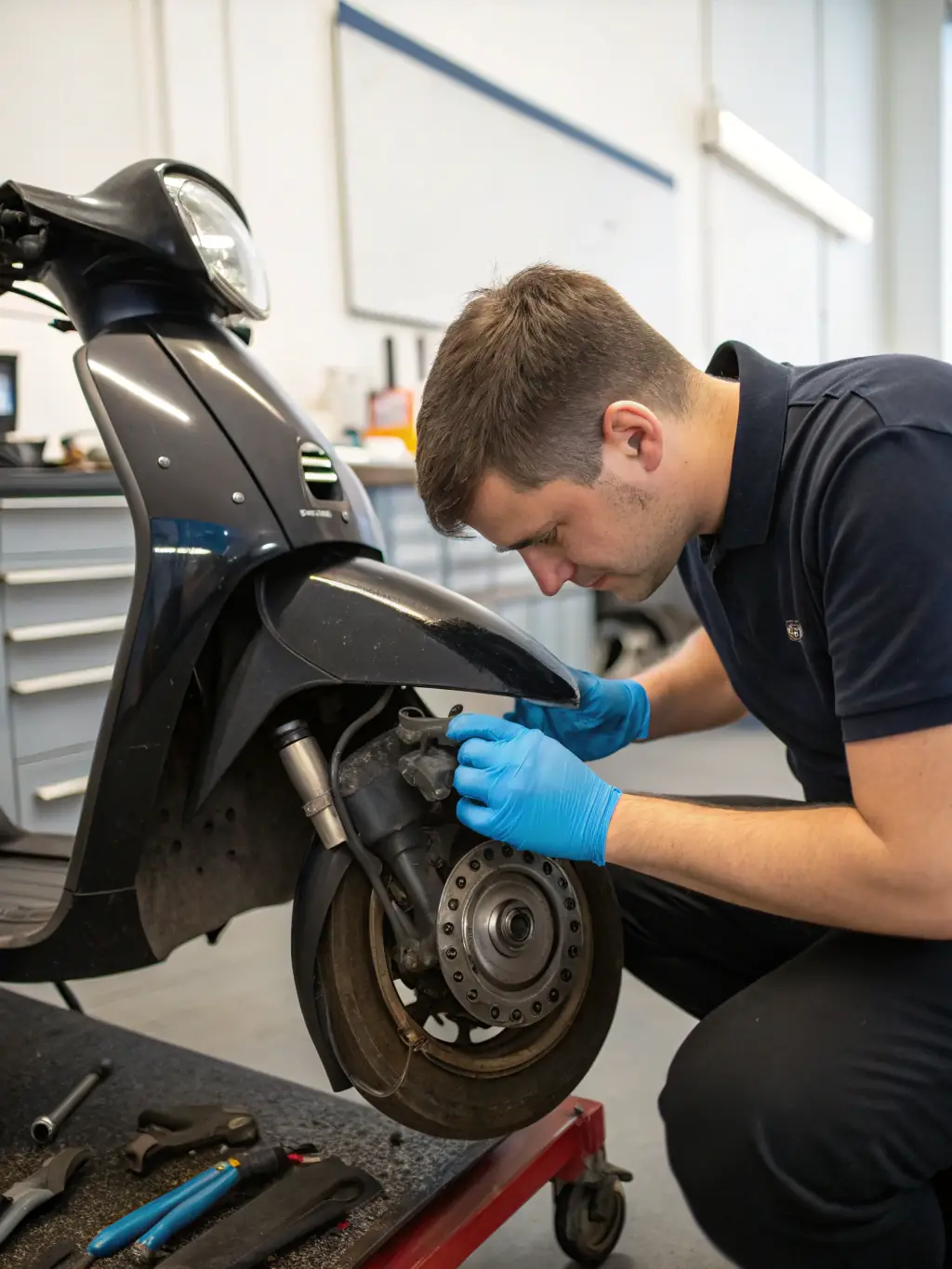A close-up of a mechanic replacing brake pads on a scooter, highlighting the precision and care taken during brake repairs.